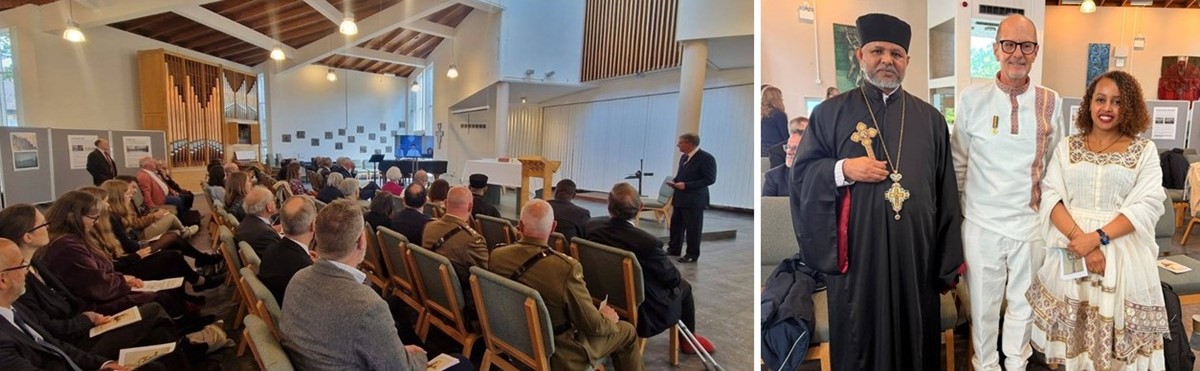 Photos of (1) an audience listening to a speaker and (2) three people in ceremonial dress